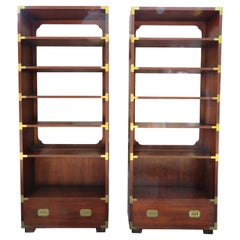 Stylish Pair Dixie Campaign Style Walnut Bookcase Etagere Shelves Mid-Century