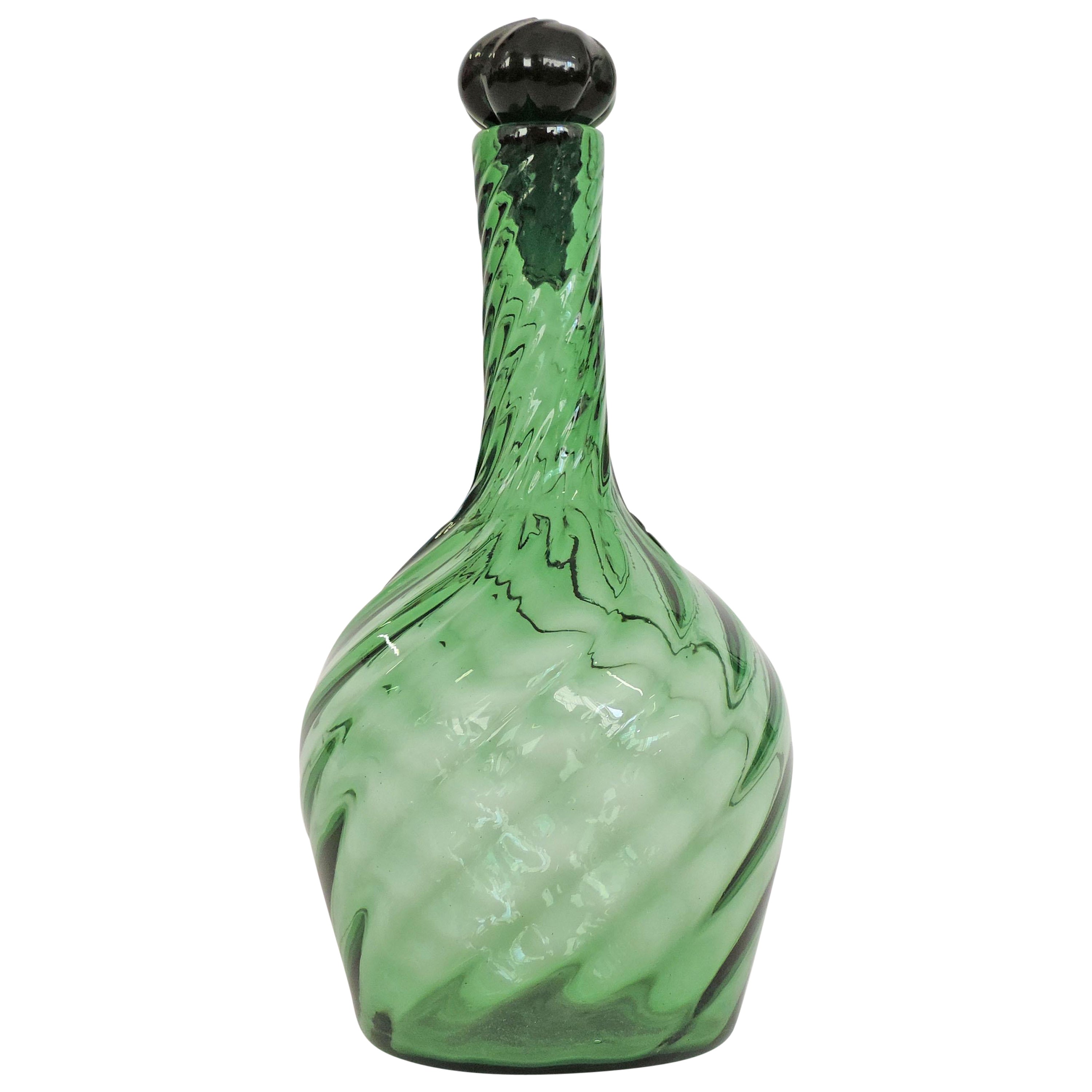 Italian Green Empoli Swirl Glass Decanter and Stopper