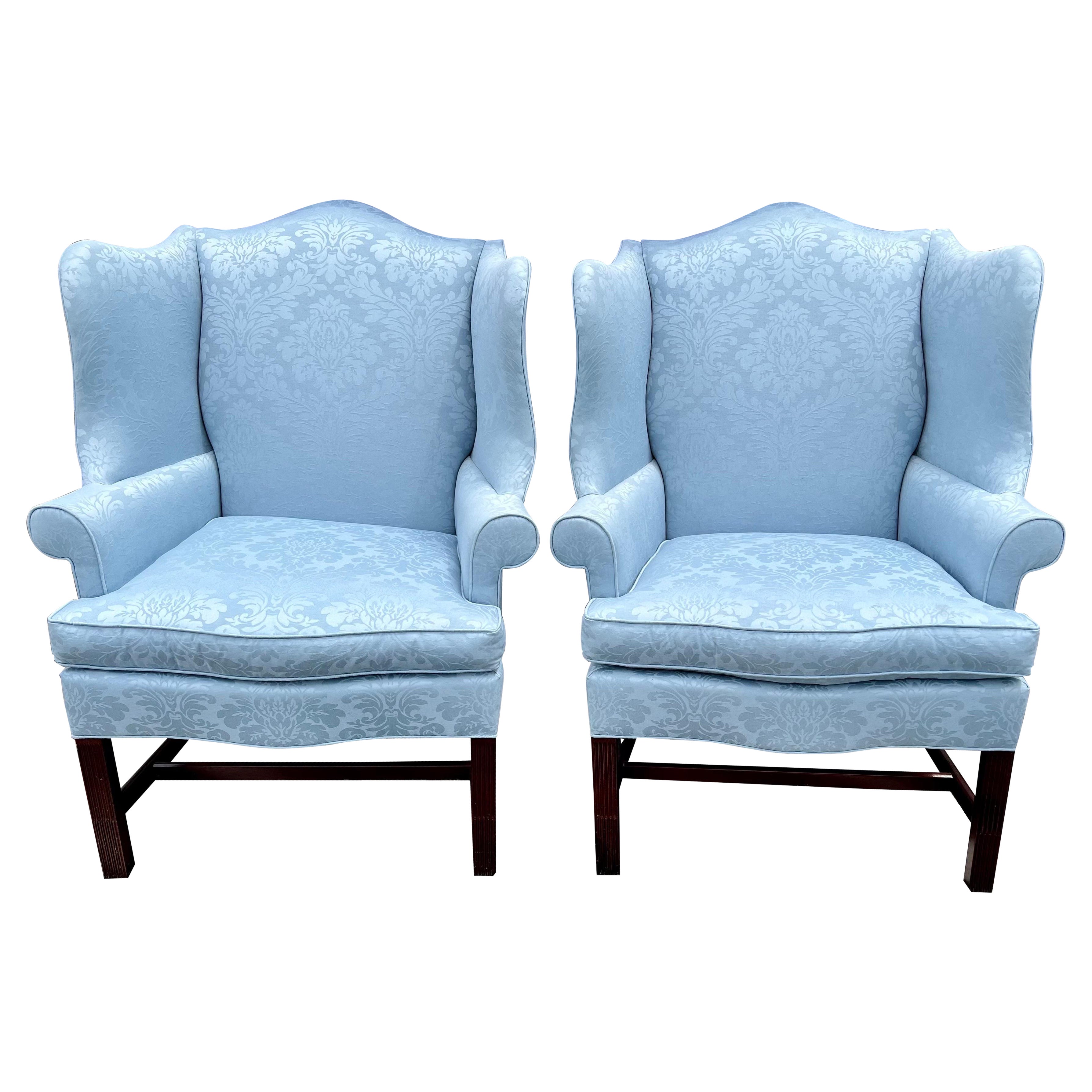 Pair Hickory Grand Wingback Reading Chairs with Tiffany Blue Upholstery