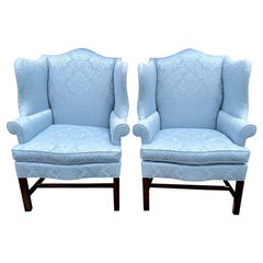Used Pair Hickory Grand Wingback Reading Chairs with Tiffany Blue Upholstery