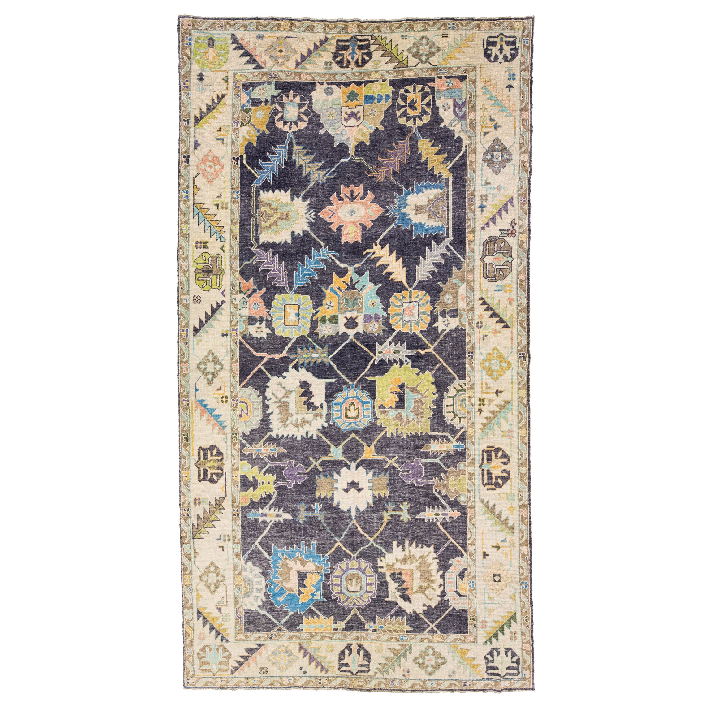 Modern Turkish Oushak Handmade Allover Motif Beige And Gray Wool Rug For Sale