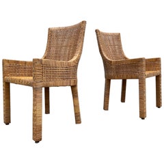 Pair of Vintage Danny Ho Fong Style Wood and Rattan Arm Chairs 