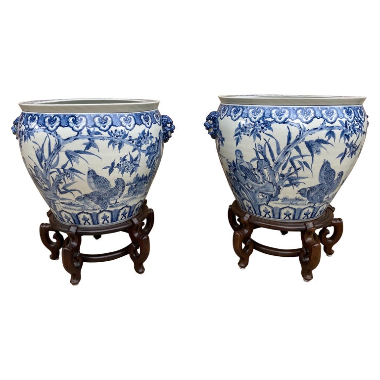 Pair of Large Chinese Blue and White Planters on Stands, 20th Century