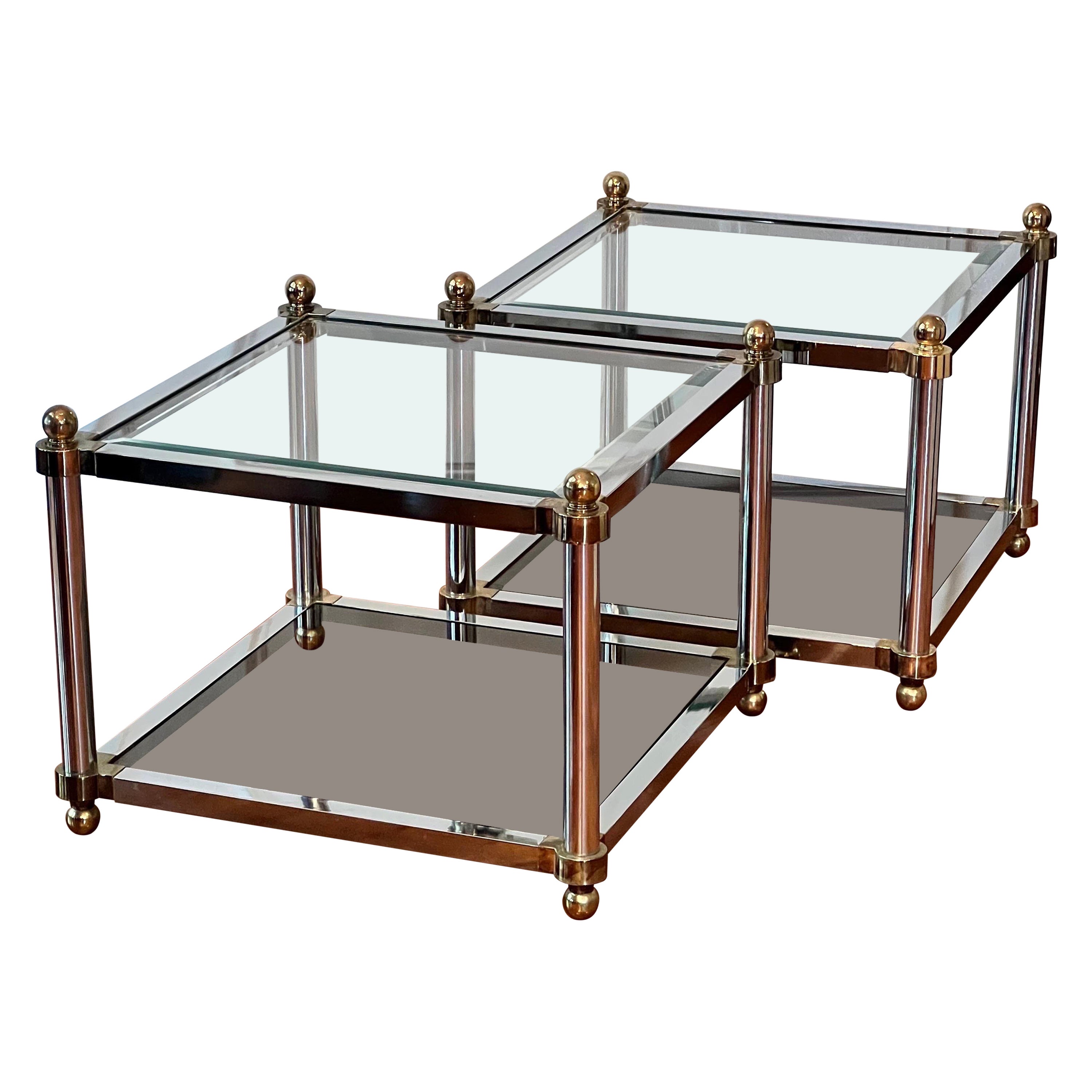 Midcentury Maison Jansen Style Two Tier Brass and Steel Square Tables, a Pair For Sale