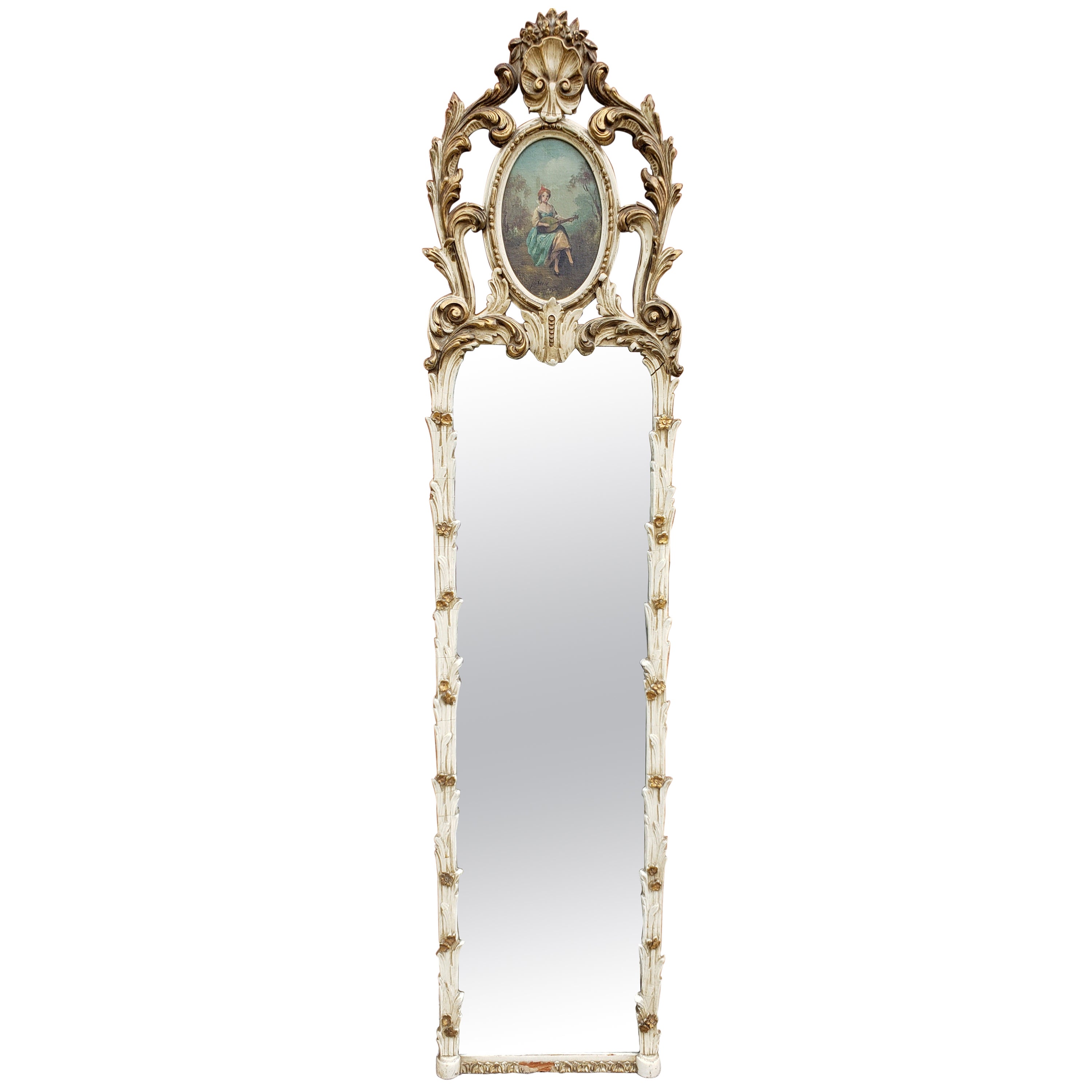 Louis XVI Style Enamel, Gilt Decorated And Signed Hand Painted Trumeau Mirror For Sale
