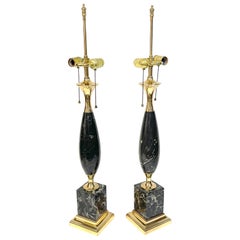 Pair of Italian Mid-Century Modern Sleek Black Marble & Brass Lamps