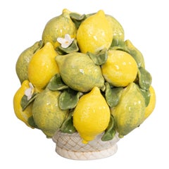 Mid Century Italian Majolica Lemons & Limes Topiary Basket Centerpiece