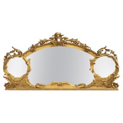 Large Antique French Rococo Giltwood Triptych Over Mantle Wall Mirror 19th C
