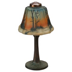 Antique Reverse Painted Boudoir Table Lamp, Landscape Scene, Circa 1920