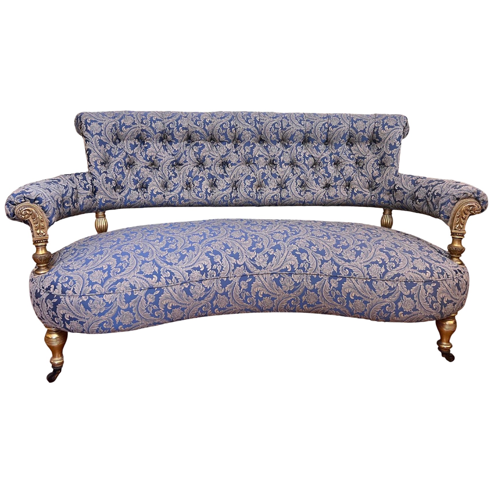 Antique French Gold Gilt & Brocade Fabric Settee Chaise Lounge