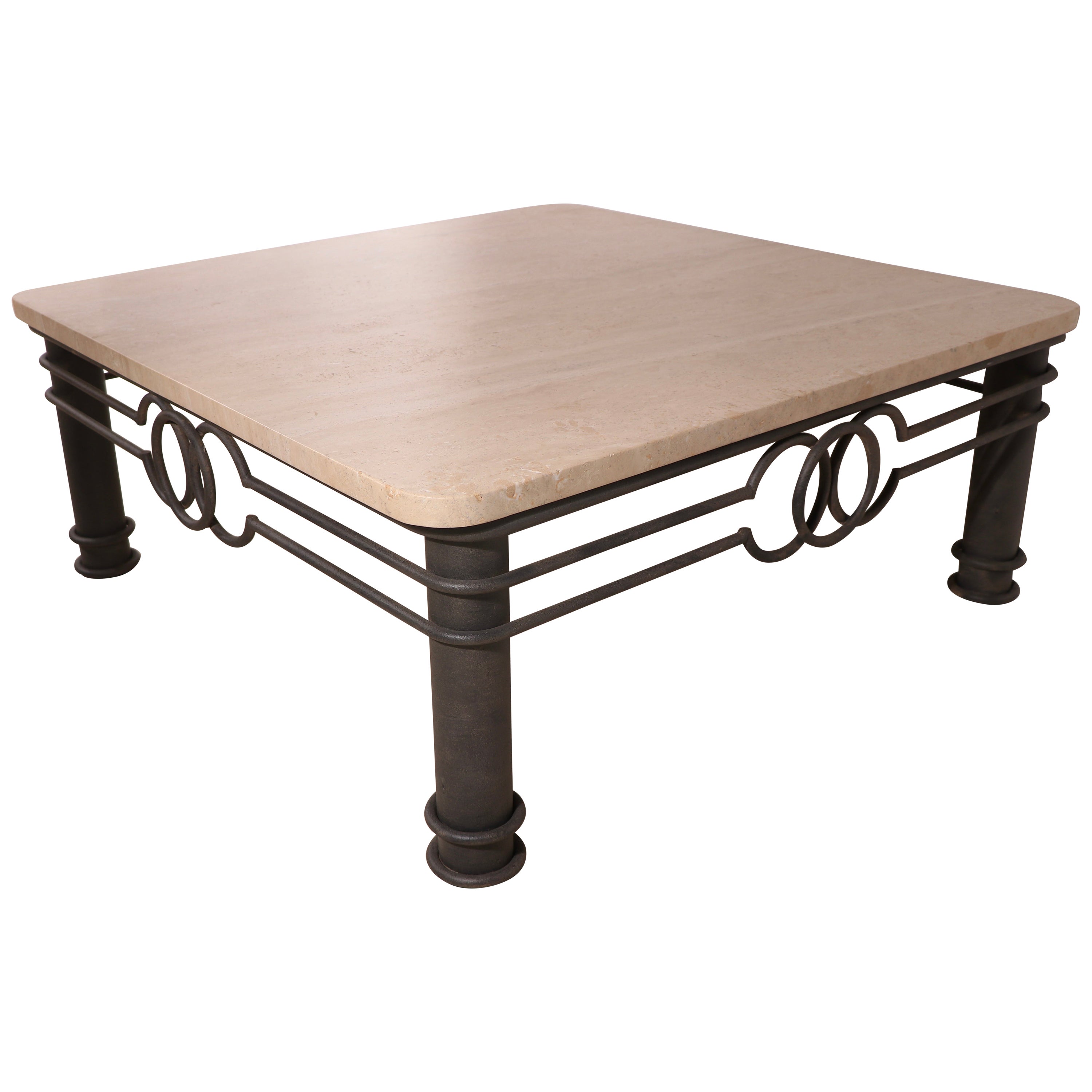 Post Modern Coffee Table with Thick Marble Top on Wrought Iron Base Ca. 1980's For Sale