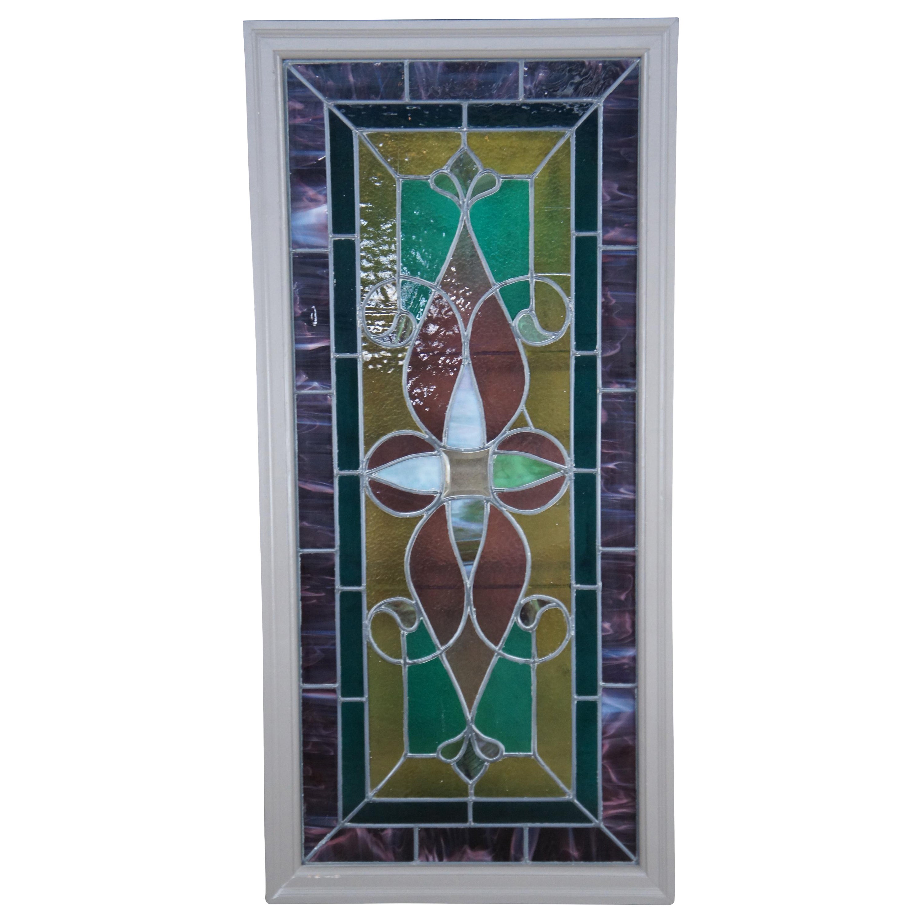 OLD ENGLISH LEADED STAINED GLASS WINDOW TRANSOM Double Diamond 28.75" x 18.25" 