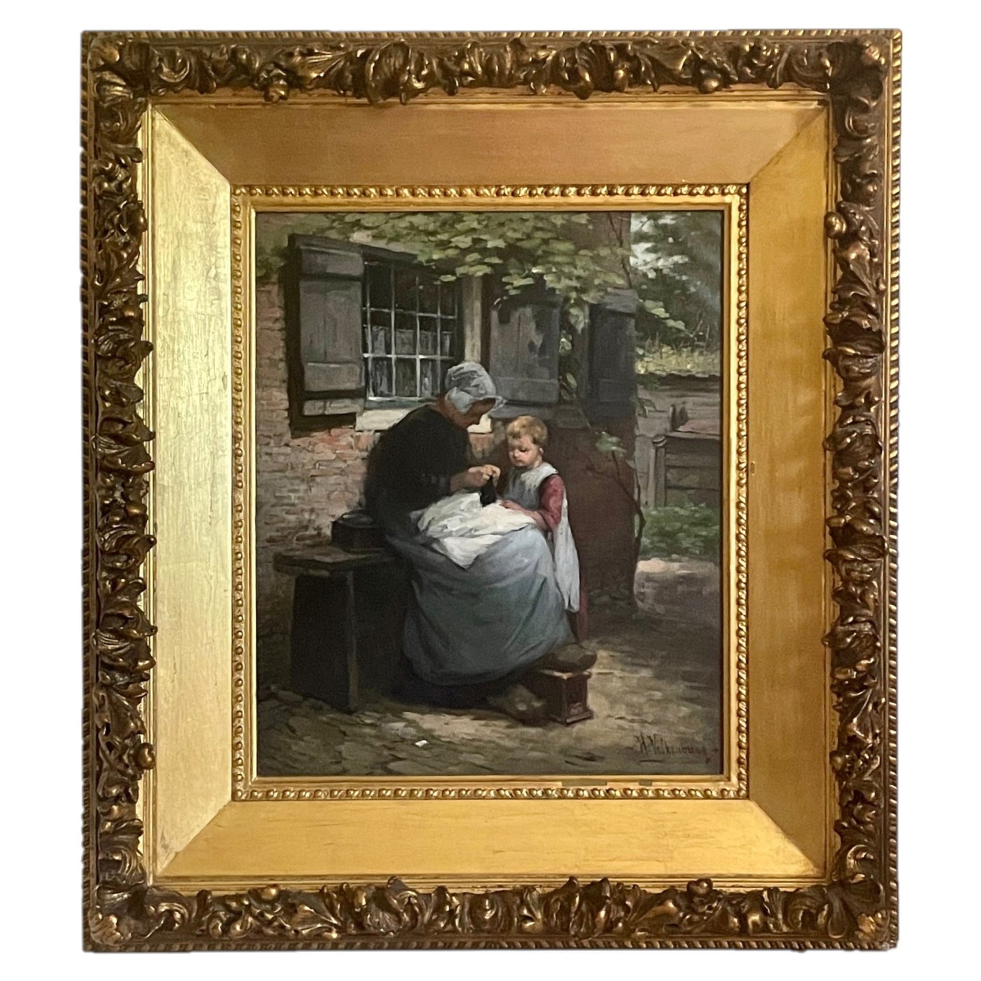 19th Century Signed Dutch Master Painting Oil on Canvas of Mother and Child