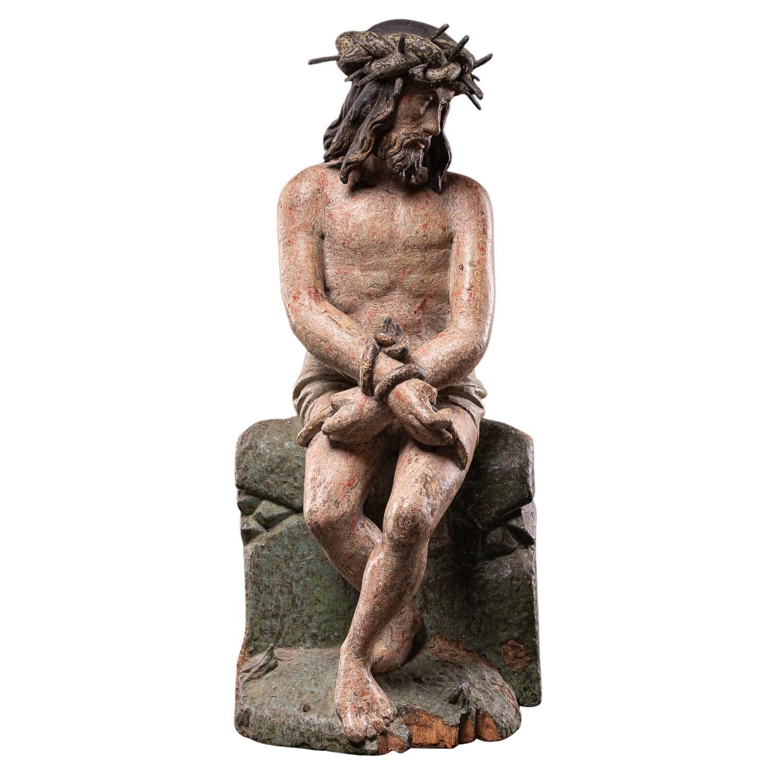 Late 16th C Polychromed Wooden Sculpture of Christ with the Crown of Thorns