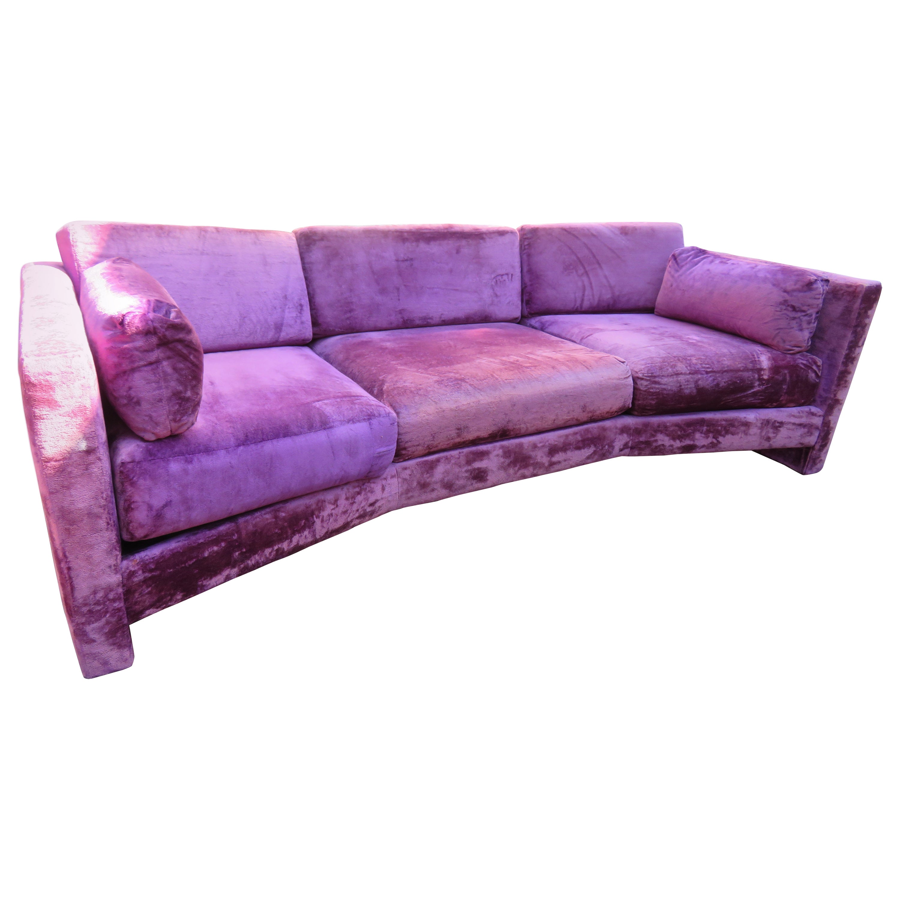 Outrageous Harvey Probber style Purple Velvet Curved Sofa Mid-Century Modern For Sale