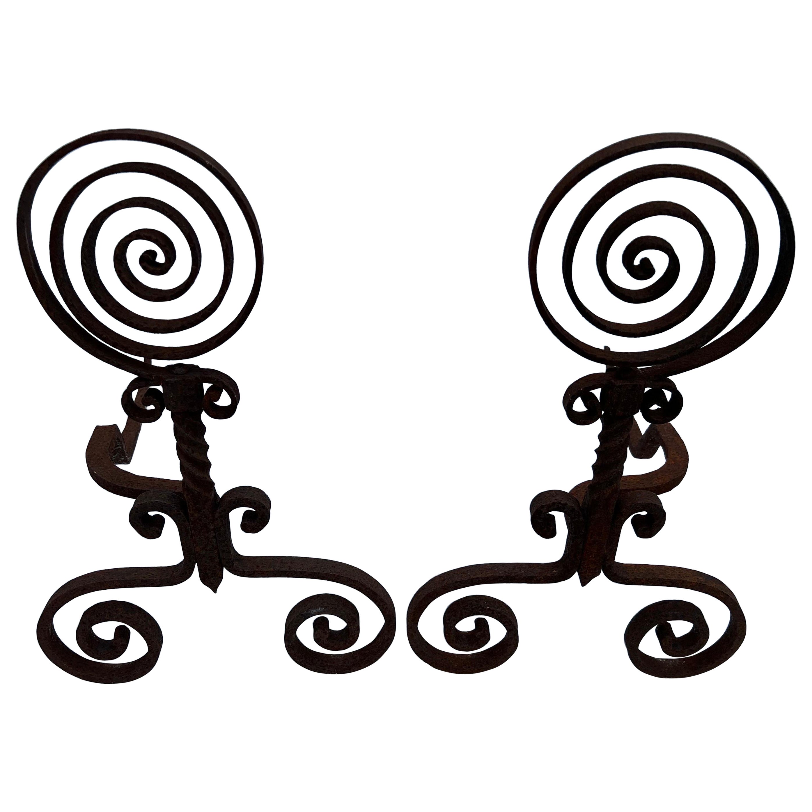 Pair of  Spiral Iron Fireplace Andirons For Sale