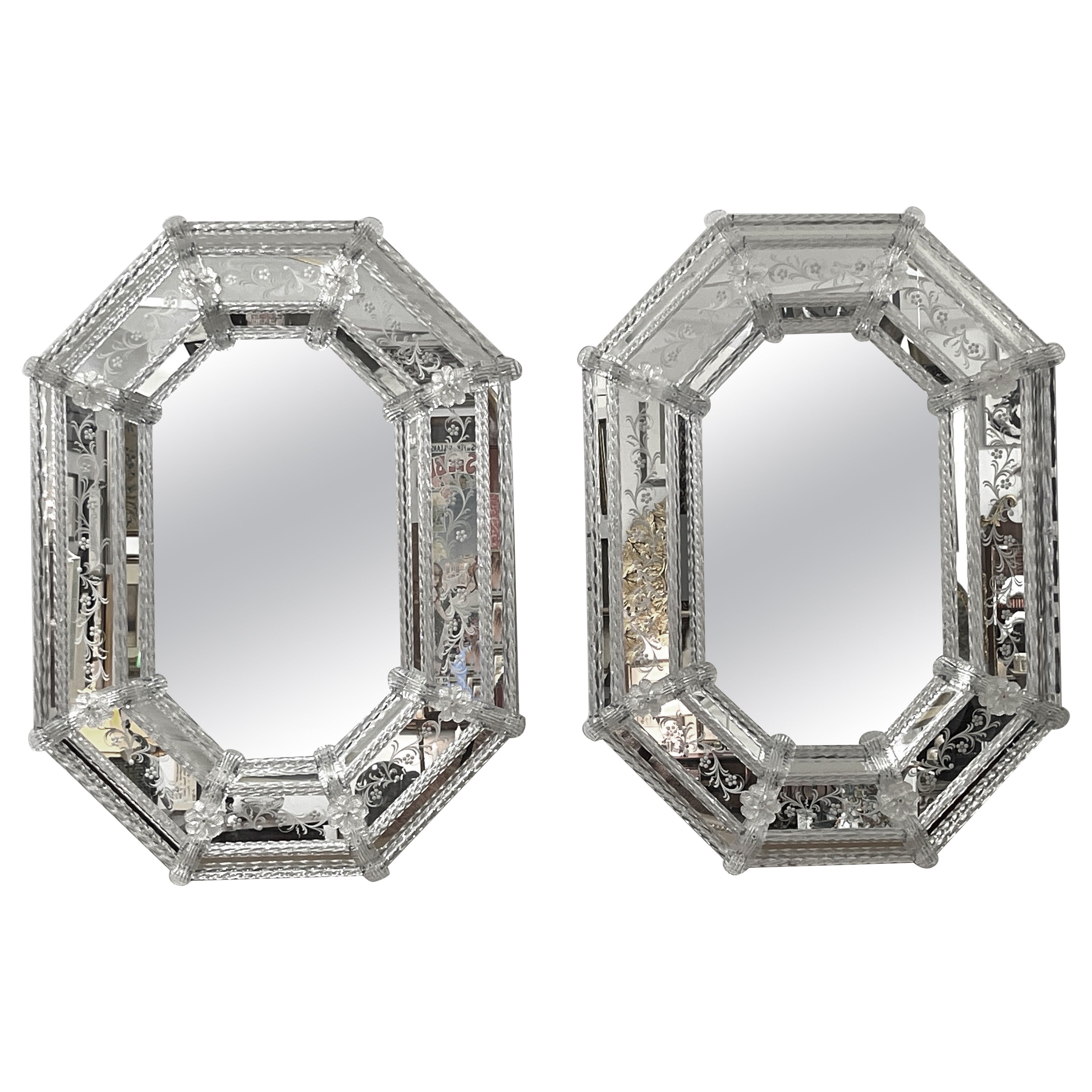 Pair of Engraved Clear Venetian Glass Cushioned Mirrors