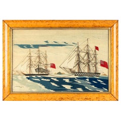 Sailor's Woolwork of Two Royal Navy Ships, a Frigate Towing a Second Rate Ship