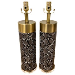 Pair of Modern Brass, Faux Snakeskin & Lucite Column Lamps