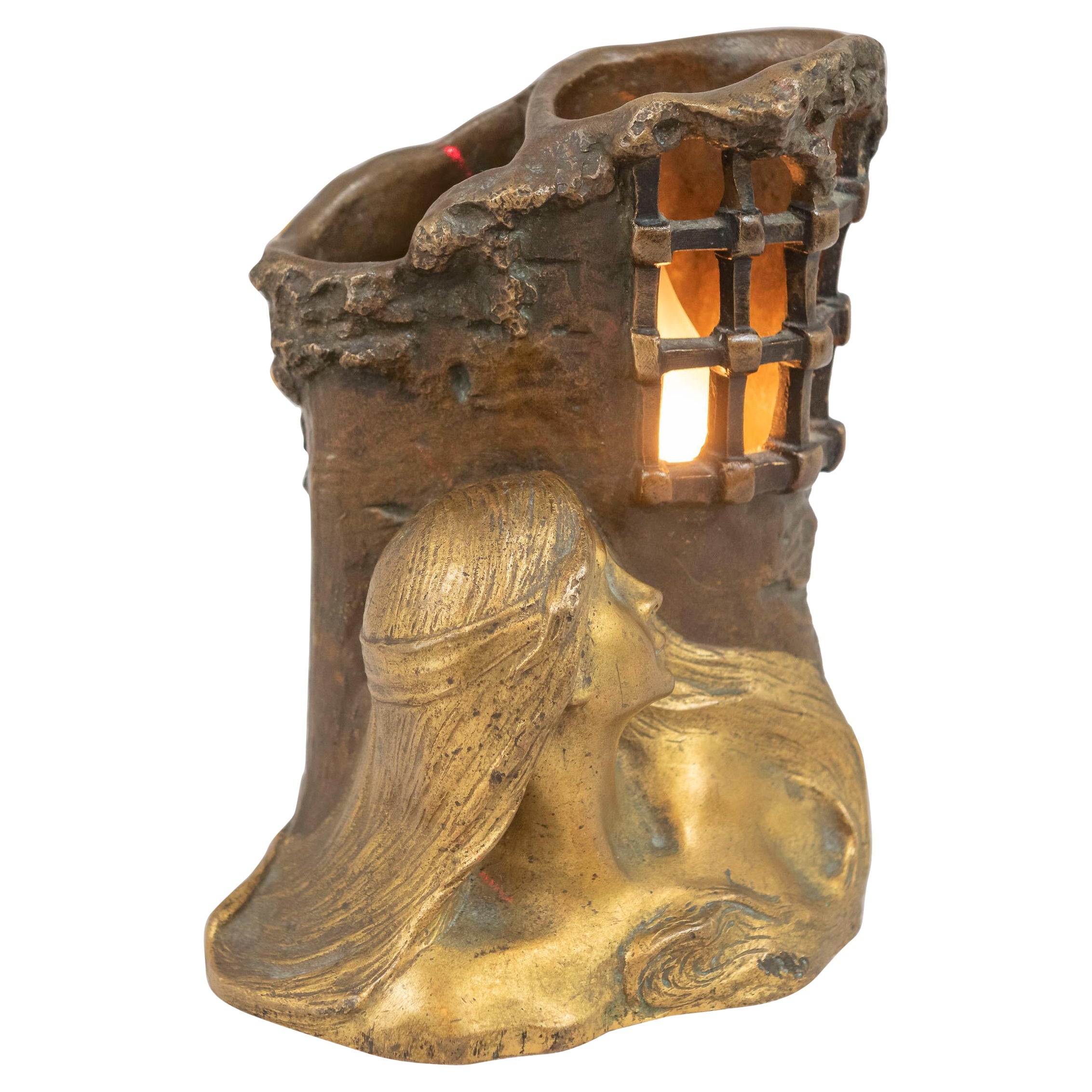 Allegorical French Art Nouveau Gilt & Patinated Bronze Lamp w/ Bust of Maiden