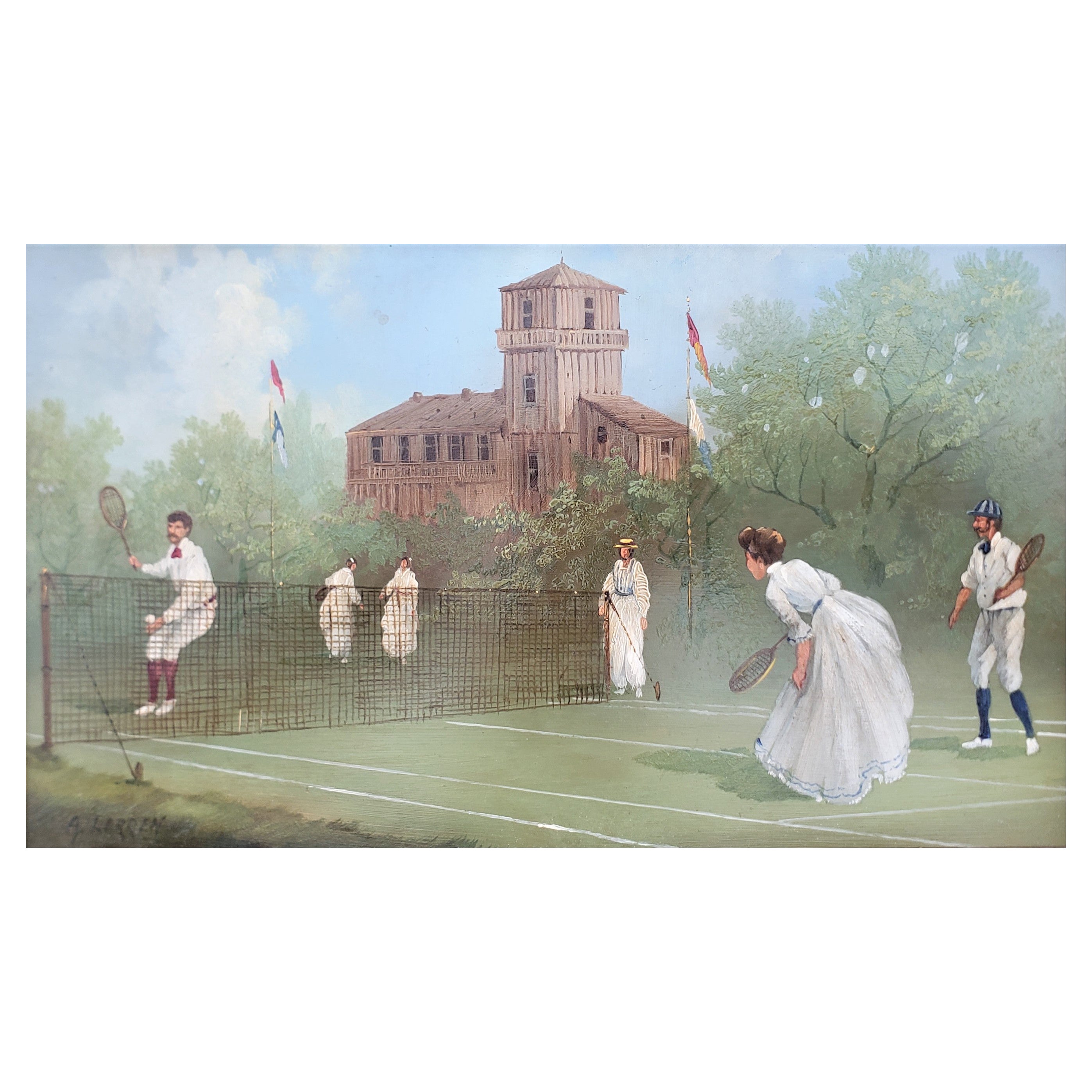Peinture originale à l'huile sur cuivre représentant des joueurs de tennis, signée A. Larren en vente
