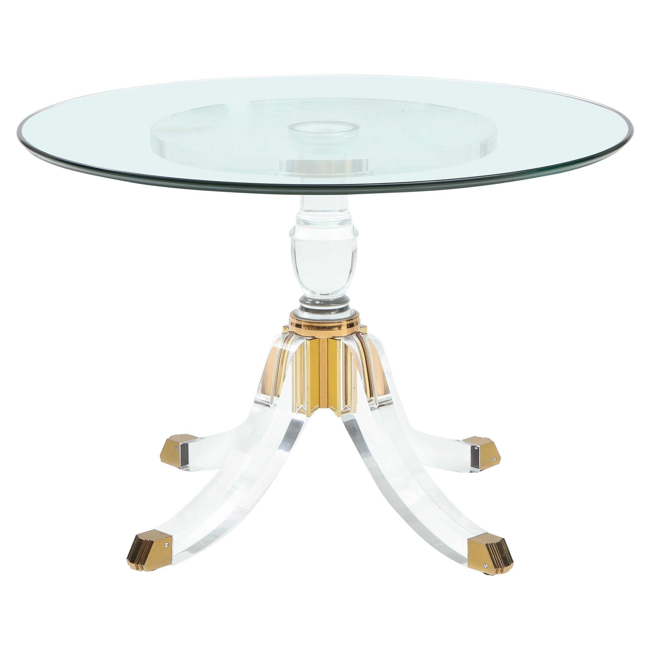1970's Modern Pedestal Base Lucite And Brass Signed Dining Table