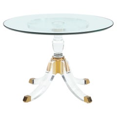 1970's Modern Pedestal Base Lucite And Brass Signed Dining Table