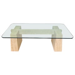 Beautiful Vintage Post Modern Travertine Coffee Table with a Glass Top