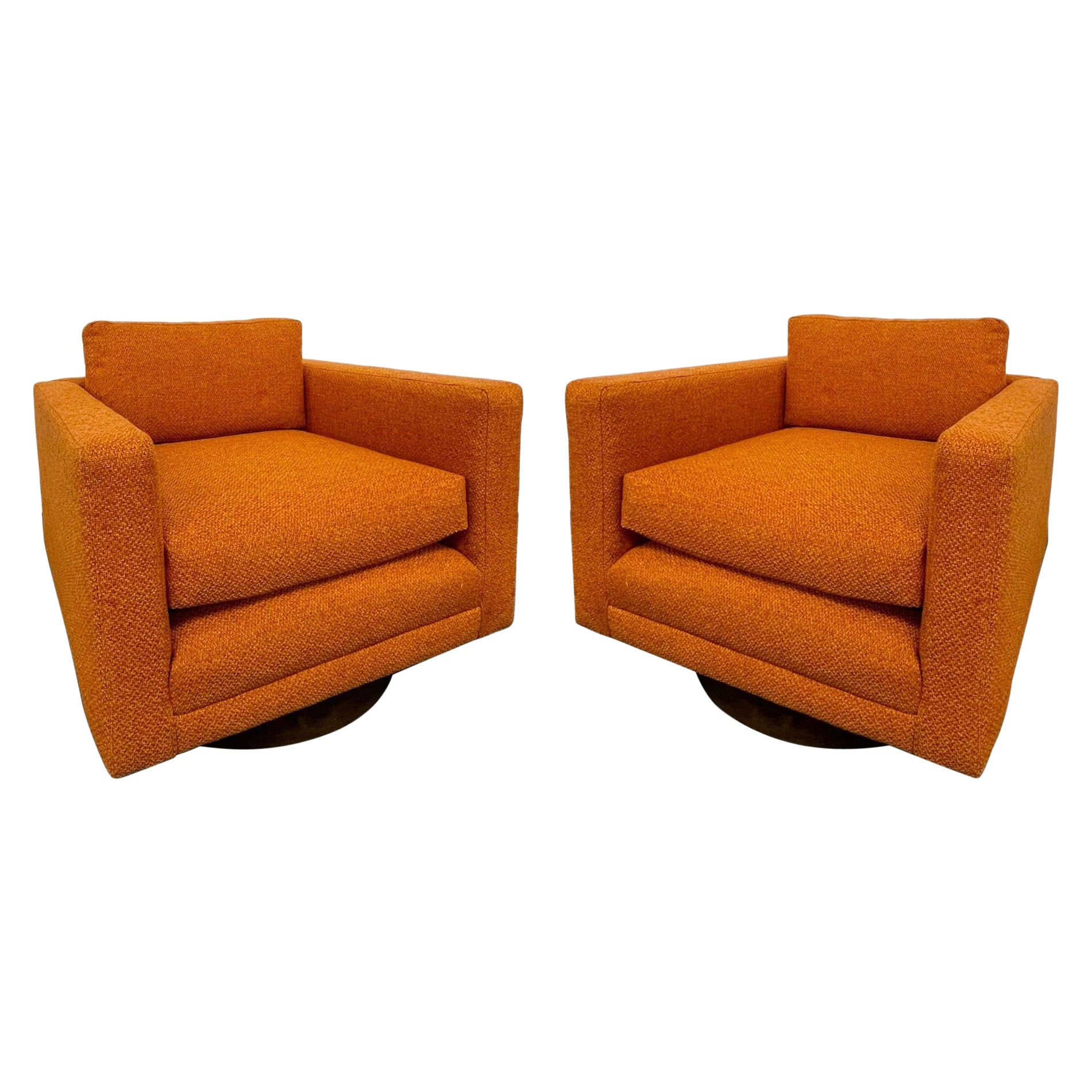 Pair Cube Mid-Century Modern Swivel Chairs, Milo Baughman Style