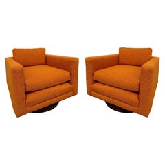 Vintage Pair Cube Mid-Century Modern Swivel Chairs, Milo Baughman Style