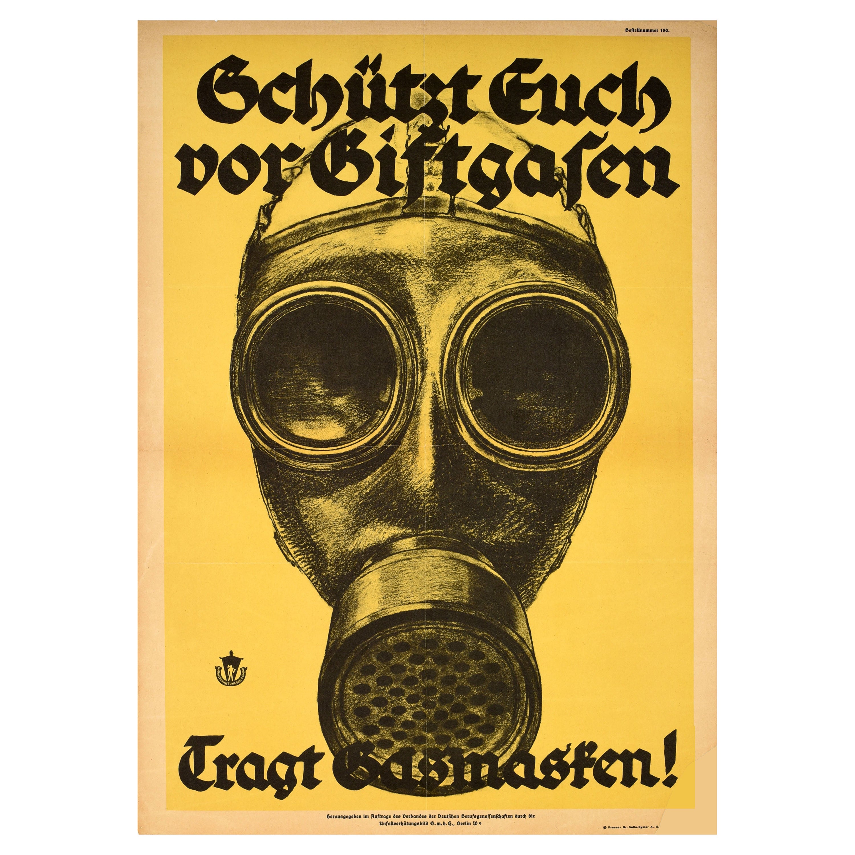 Original Antique WWI Poster Wear Gas Mask Poison Gases Giftgasen Tragt Gasmasken