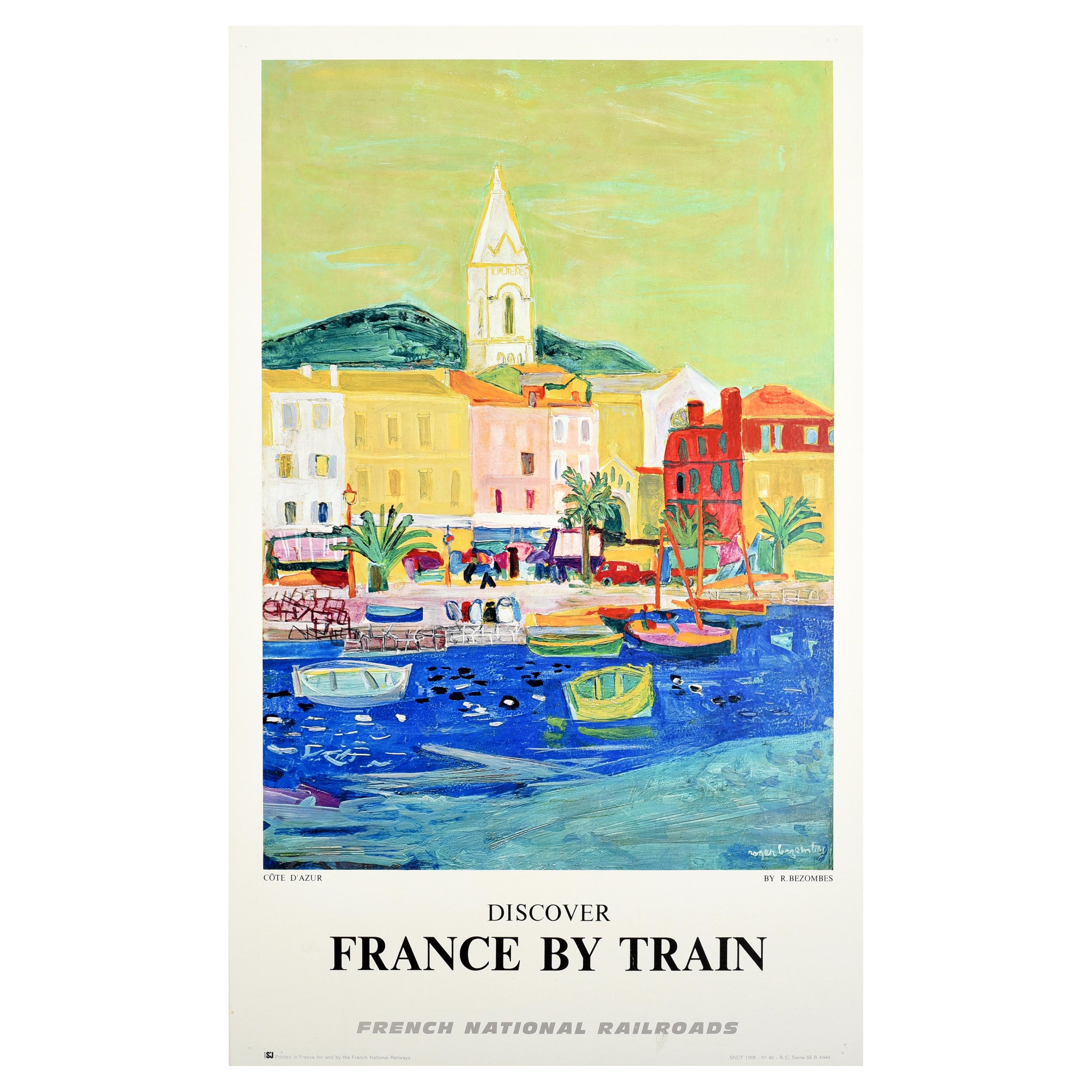 Original Vintage Poster Discover France By Train Cote D'Azur French Riviera  Art For Sale at 1stDibs