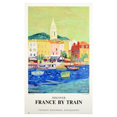 Original Vintage Poster Discover France By Train Cote D'Azur French Riviera Art