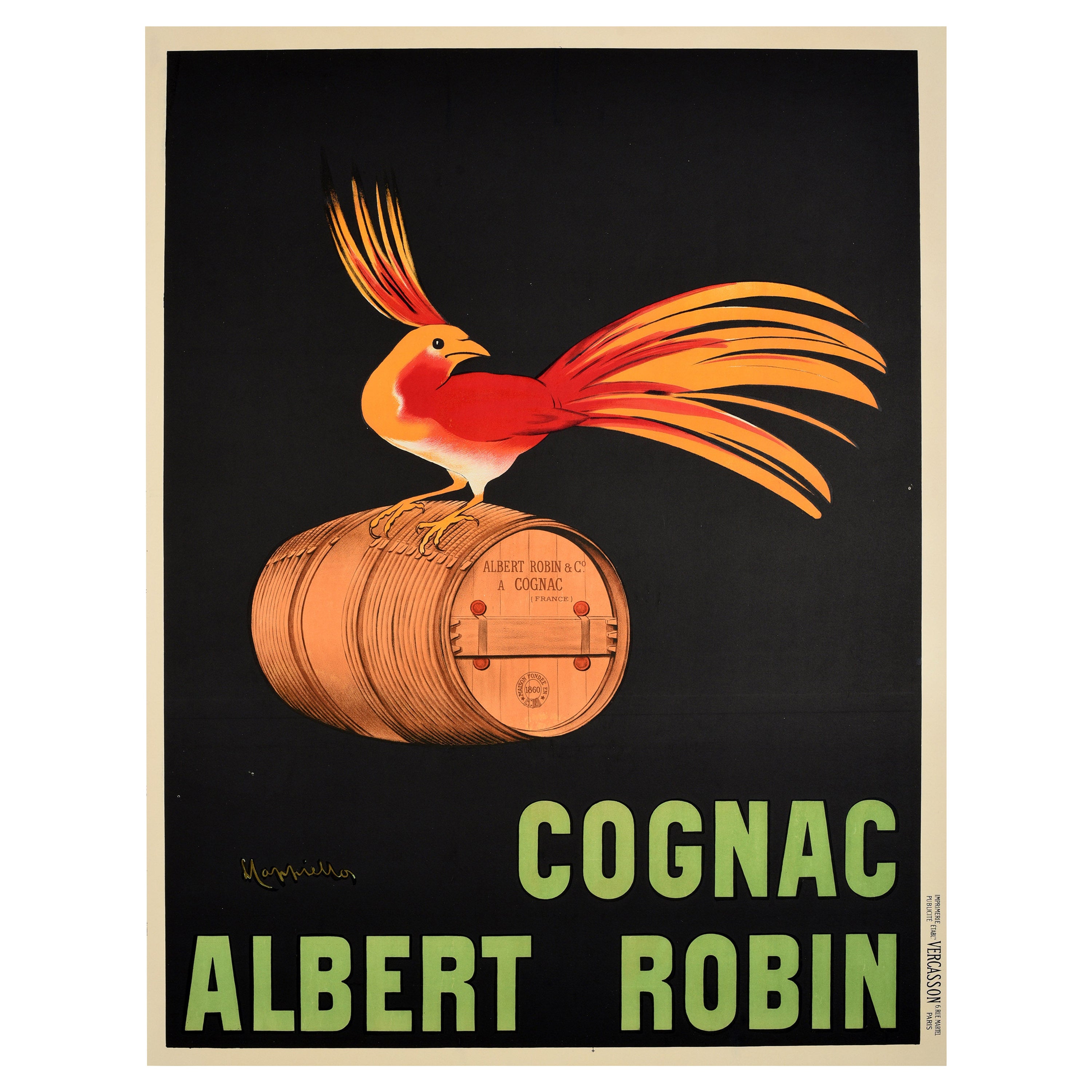 Affiche rétro originale d'antiquités Cognac Albert Robin - Publicité pour la boisson - Oiseau d'art français en vente