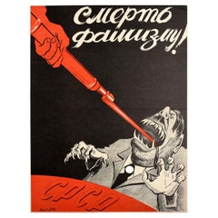 Original Vintage WWII Poster Death To Fascism CPCP Soviet War Caricature Design 