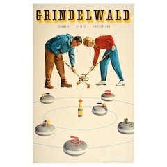Original Used Poster Grindelwald Switzerland Ice Curling Winter Sport Design