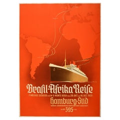 Original Vintage Poster Brasil Africa Reise Cruise Travel Hamburg Sud Windrush