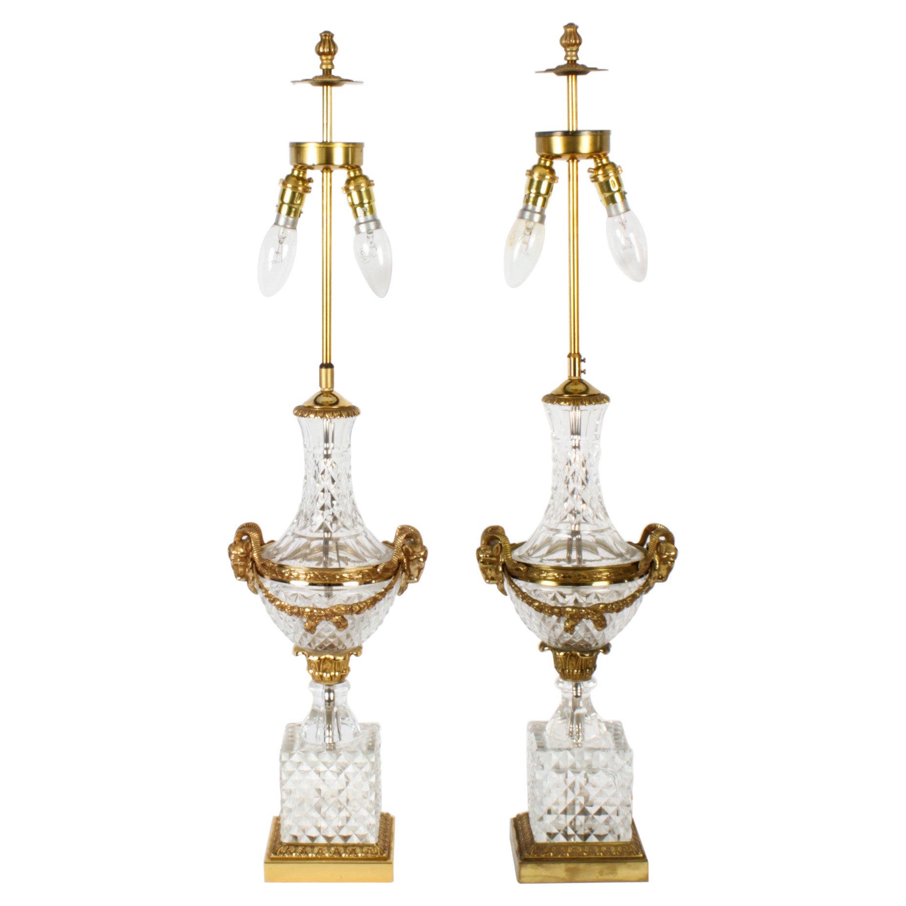 Antique Pair of French Ormolu & Glass Baccarat Table Lamps, Mid 20th C