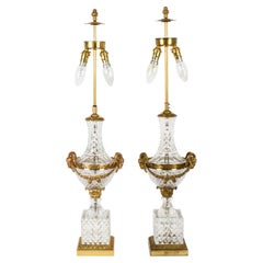 Vintage Pair of French Ormolu & Glass Baccarat Table Lamps, Mid 20th C