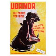 Original Vintage Travel Poster Uganda Welcomes You With Sunshine Hippo Design