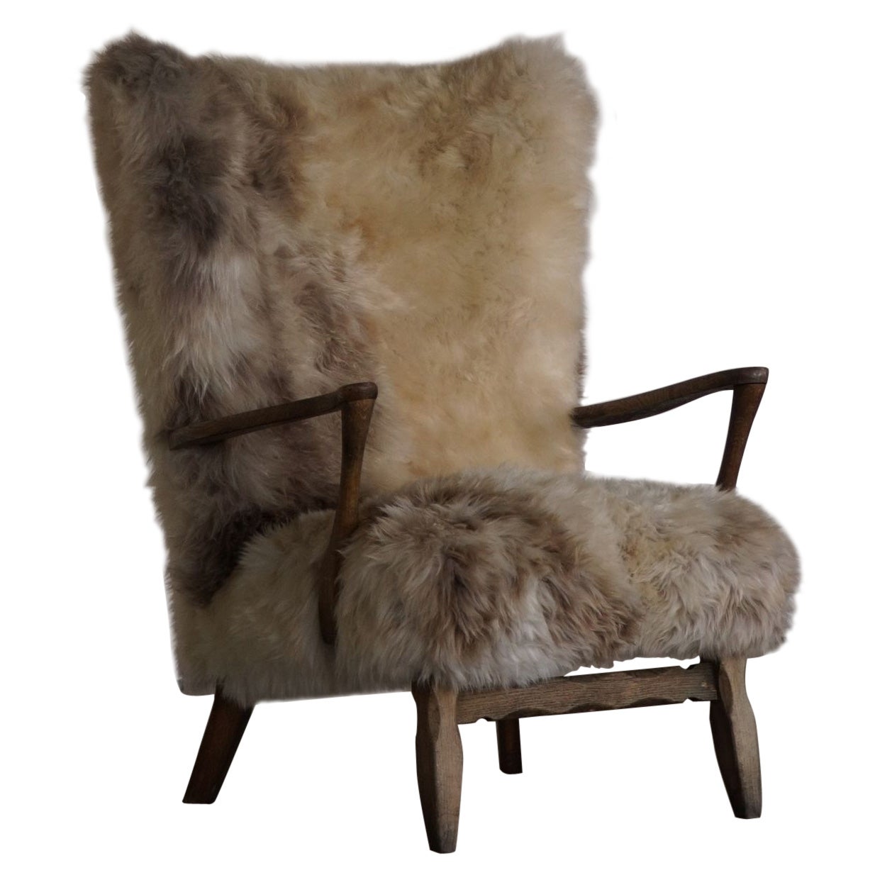 Danish Modern Highback Lounge Chair in Oak, Reupholstered in Lambswool, 1950s