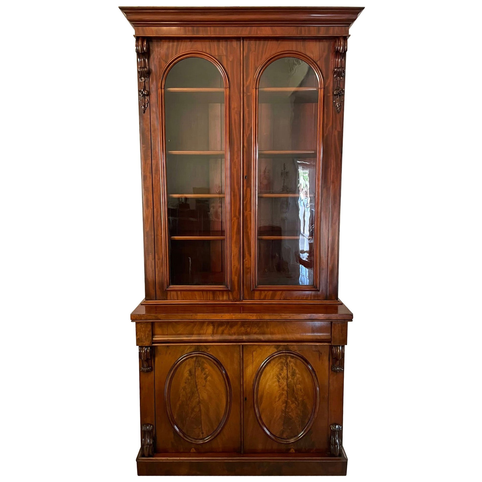 Outstanding Quality Antique Victorian Figured Mahogany Glazed Cupboard Bookcase 