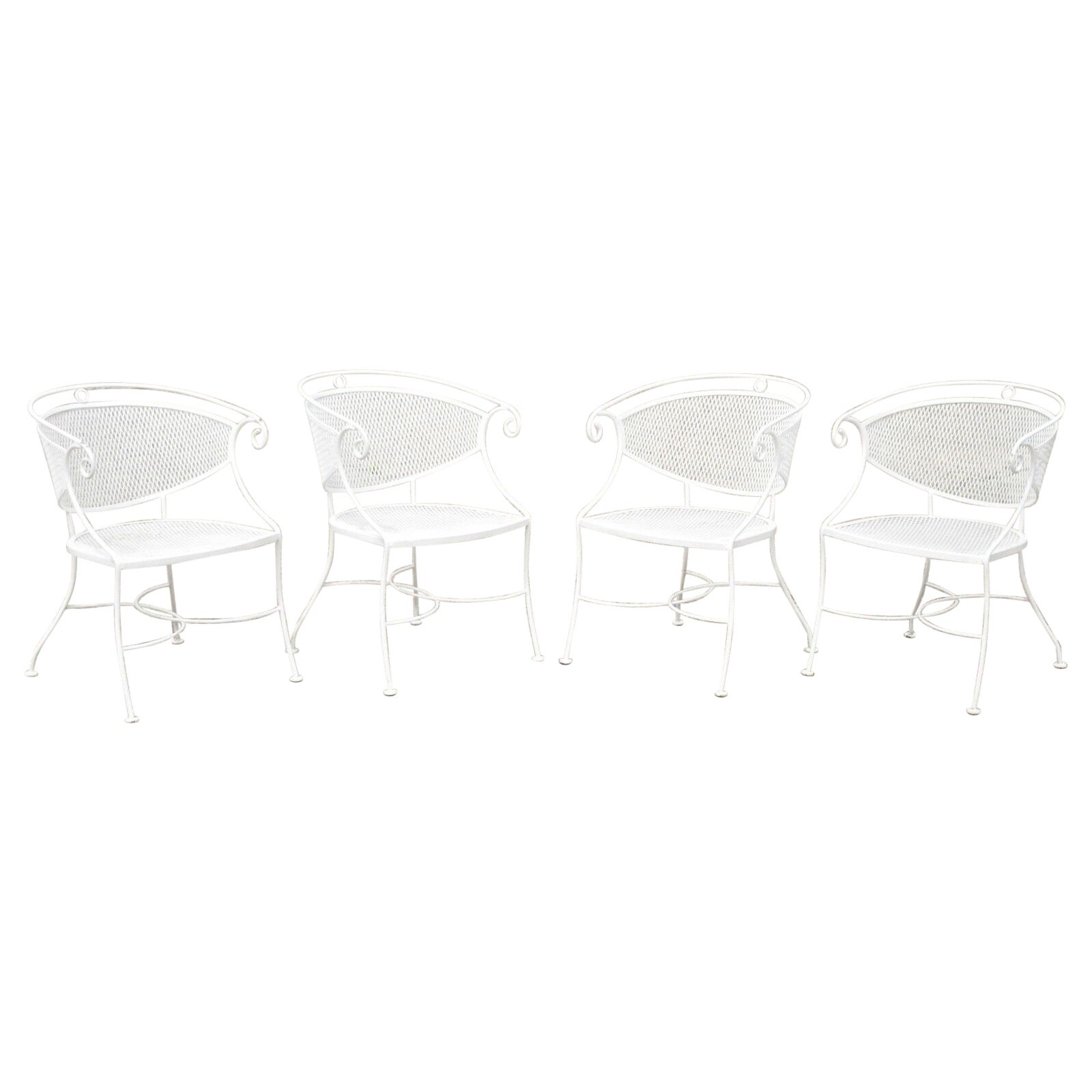 Vintage Hollywood Regency Scrolling Wrought Iron Barrel Back Chairs, Set of 4 For Sale