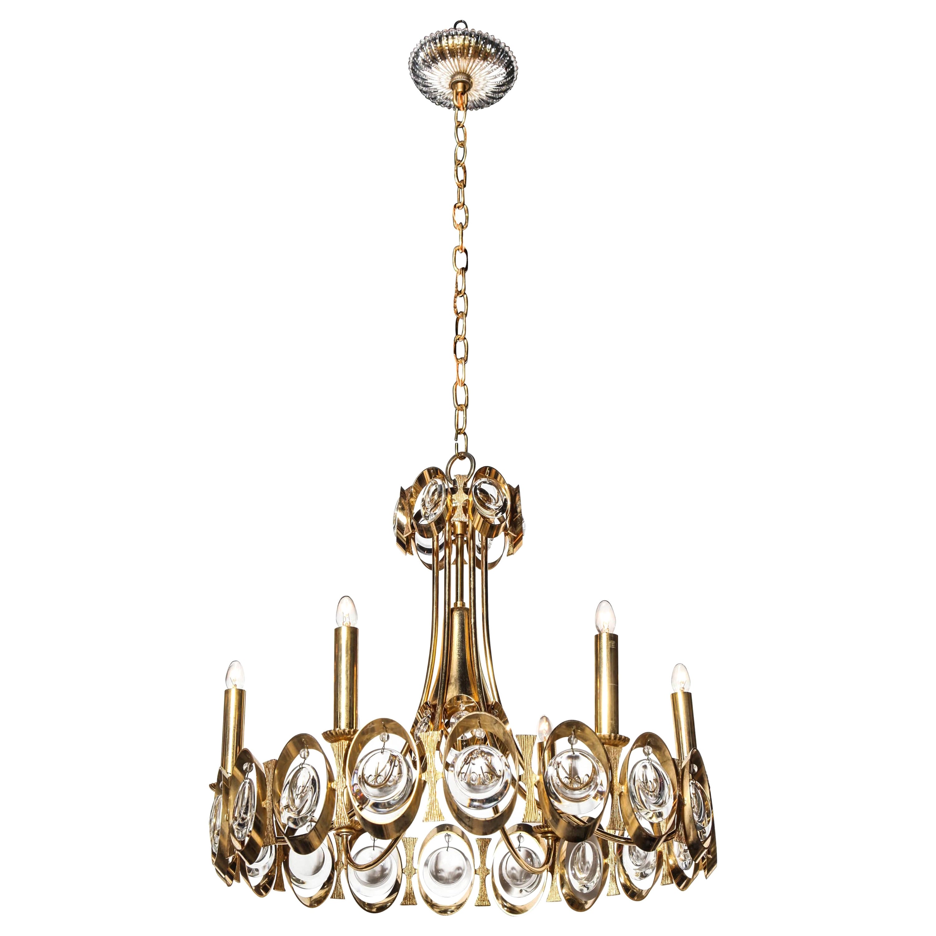 Palwa Germany Six Candlestick Brass Pendant with Clear Austrian Crystals For Sale