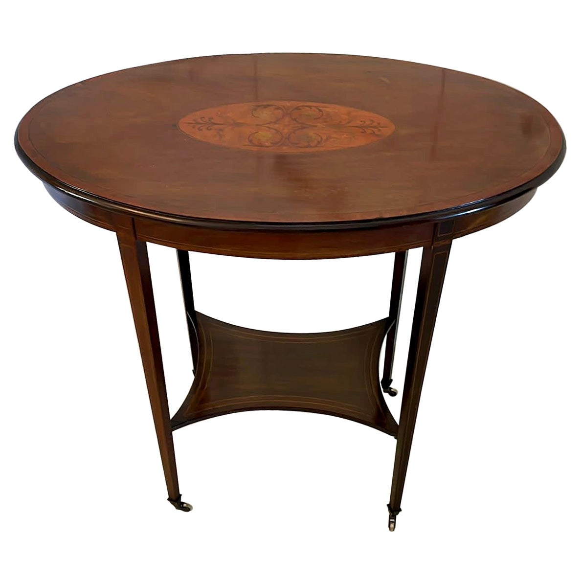 Antique Edwardian Oval Quality Mahogany Inlaid Lamp Table For Sale