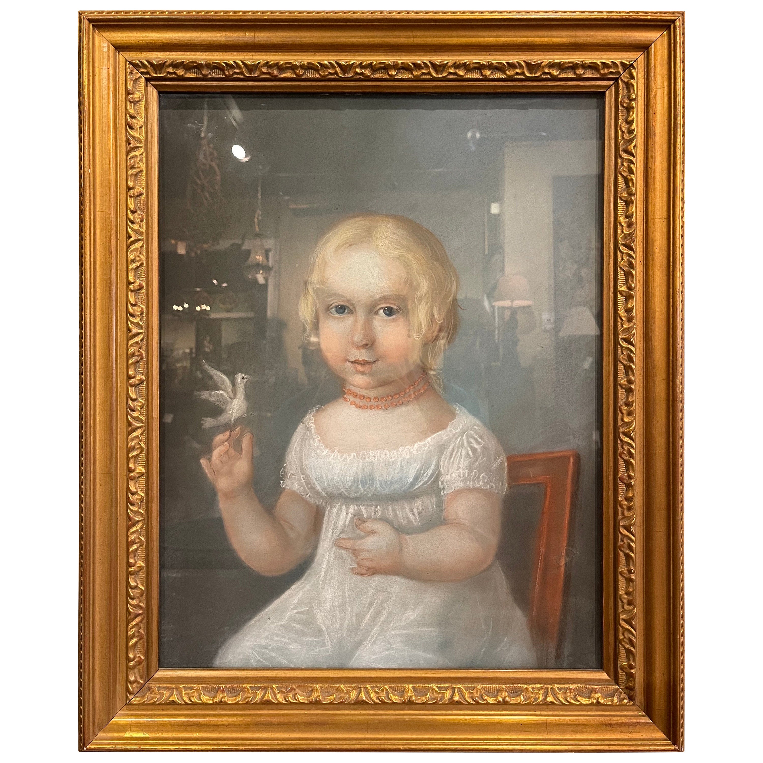 Late 19th Century French Pastel Portrait of Young Girl with Bird in Gilt Frame