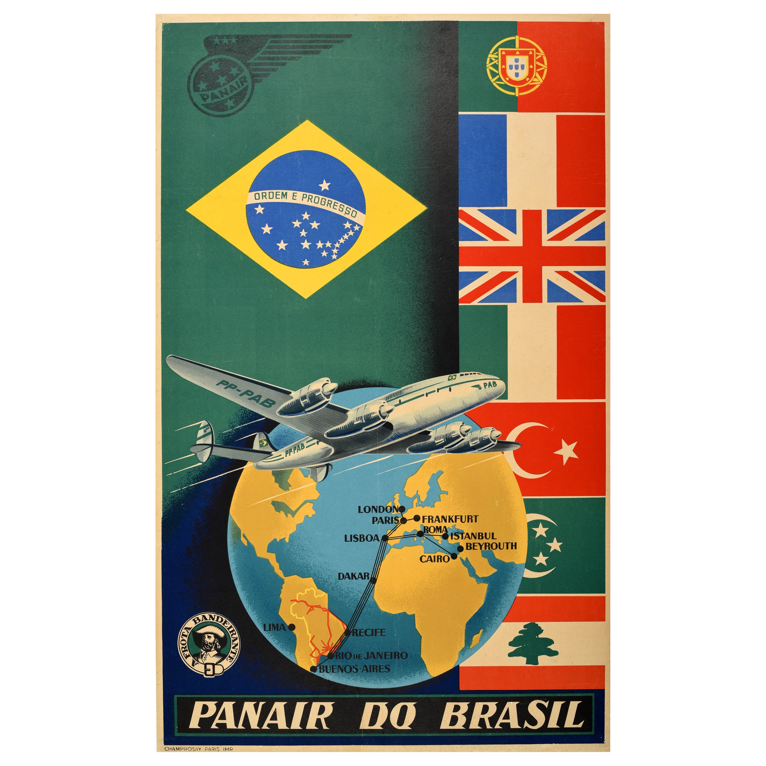 Original Vintage Airline Travel Poster Panair Do Brasil Lockheed Constellation