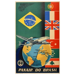 Original Retro Airline Travel Poster Panair Do Brasil Lockheed Constellation