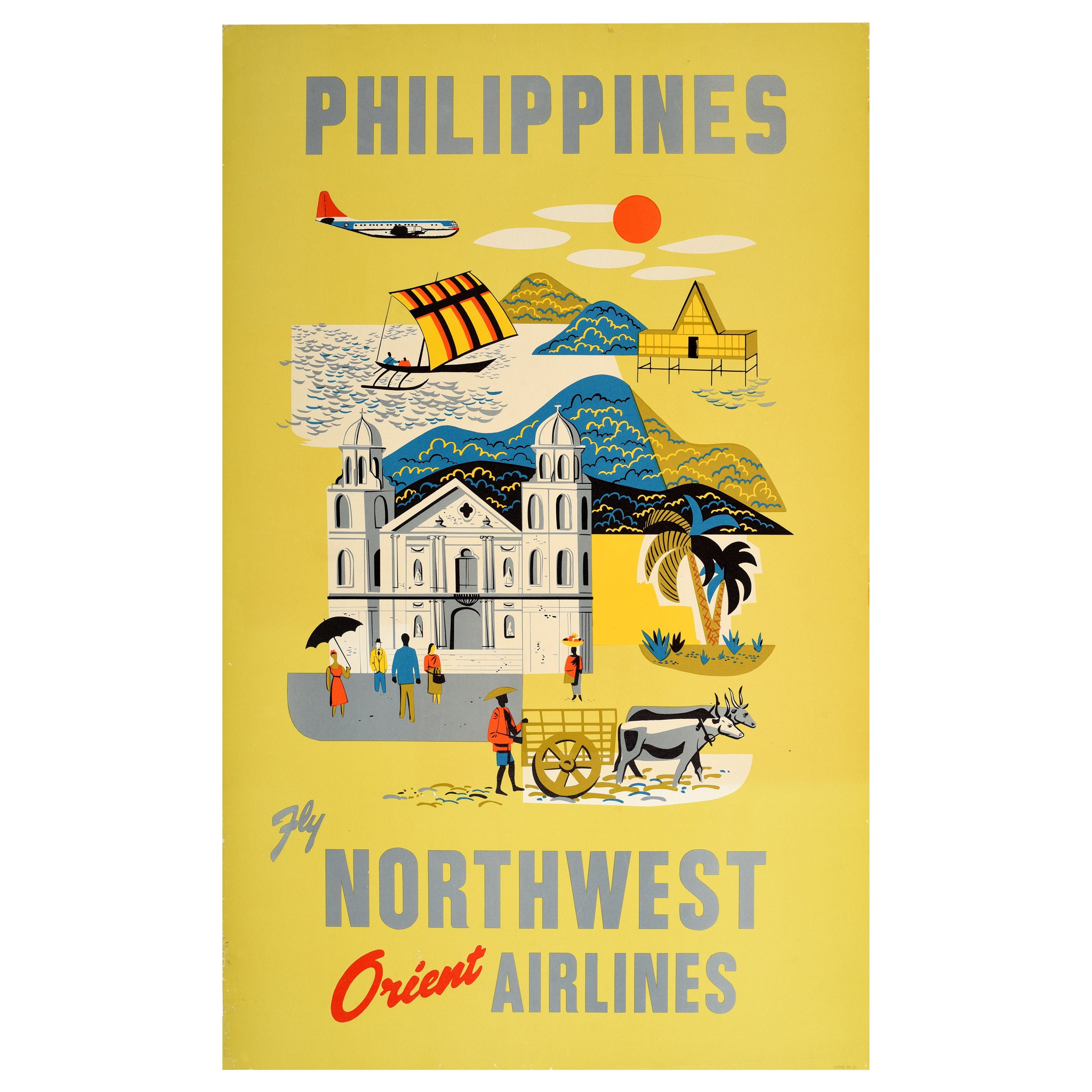 Original Vintage Poster Philippines Northwest Orient Airlines Asia Travel Art For Sale