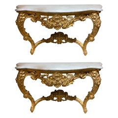 Pair of French Giltwood consoles with white marble tops